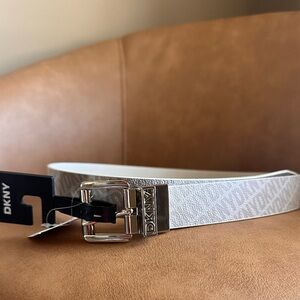 DKNY Reversible Logo Print Cream & Grey Belt with Silver Buckle New!